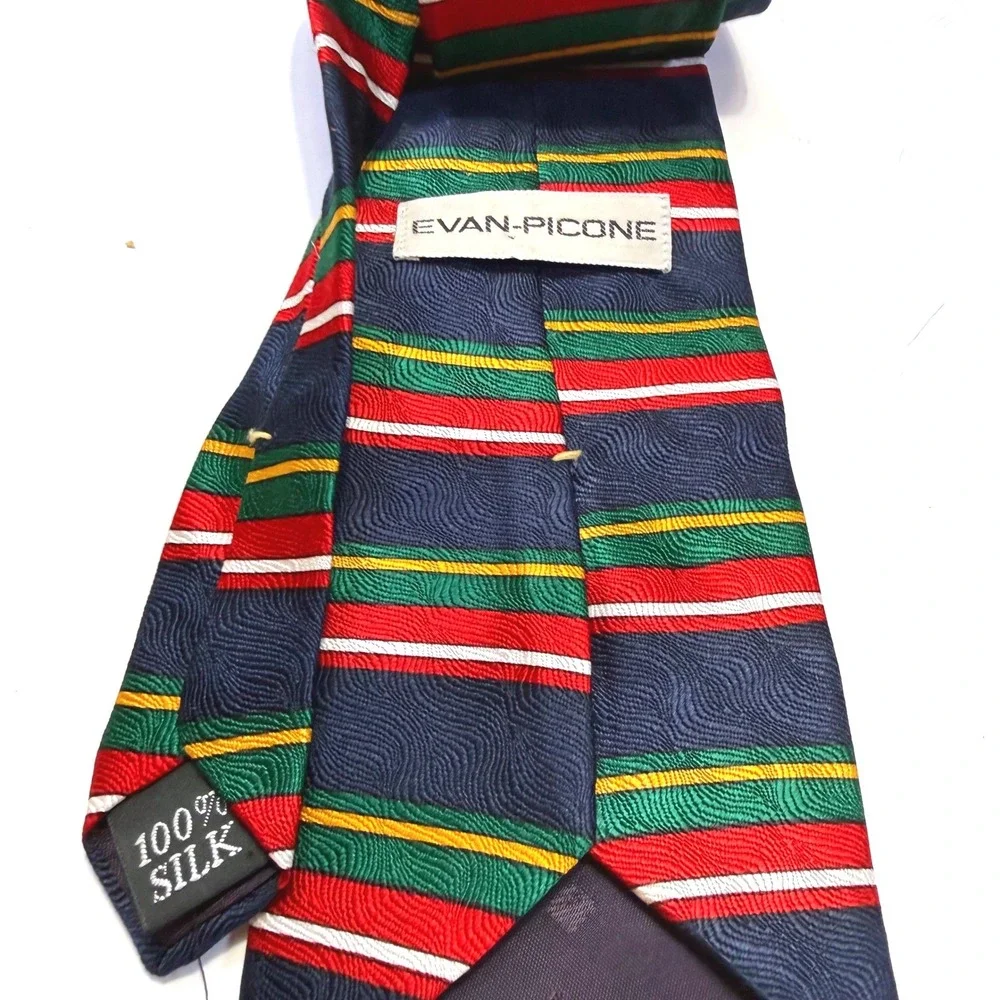 Evan-Picone Mens Silk Tie Navy Green Red Gold Horizontal Stripe Textured Weave